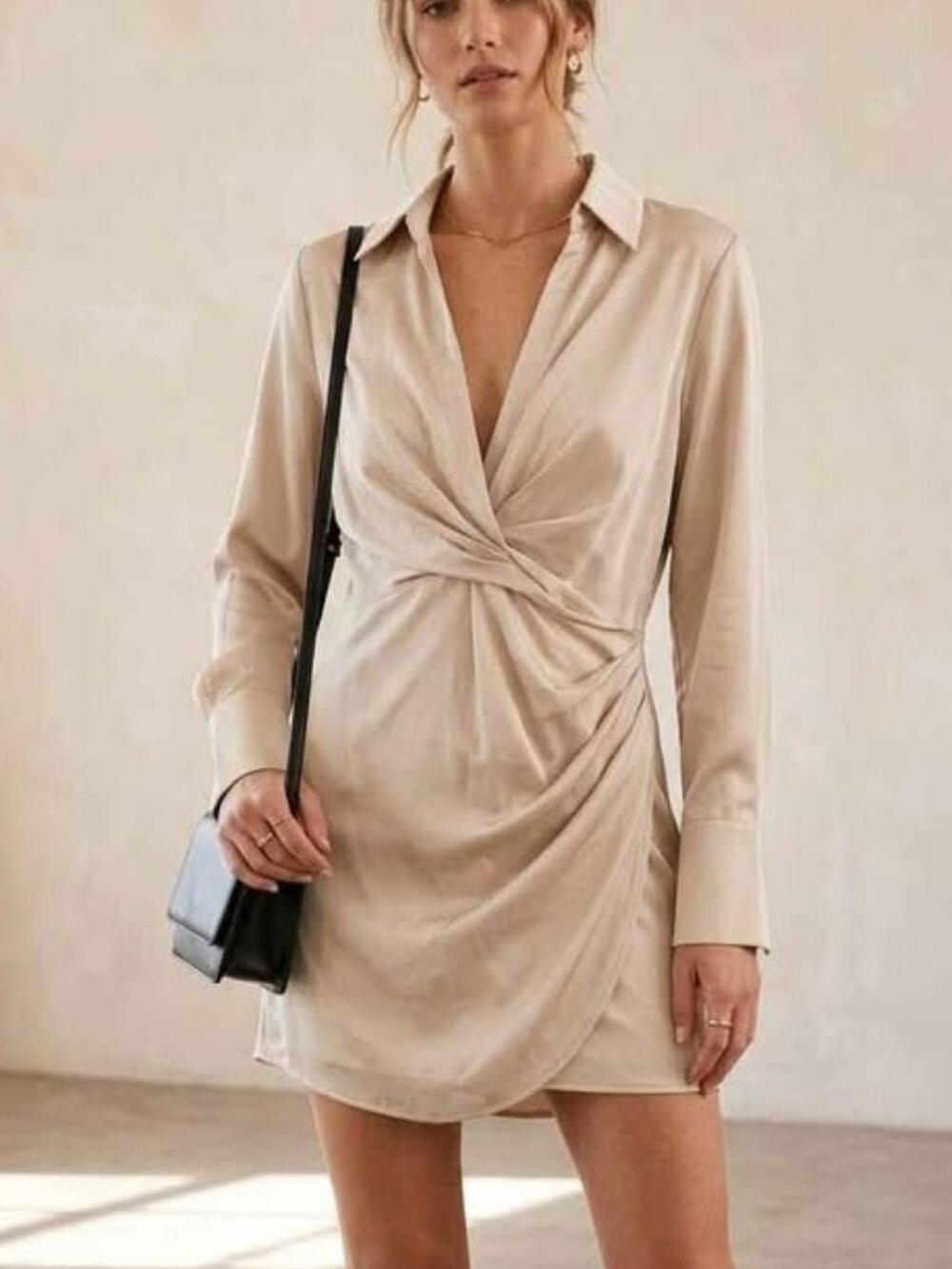 Edit by Nine Champagne Satin Draped Wrap Mini Dress, Sz S - Chic Cocktail Party